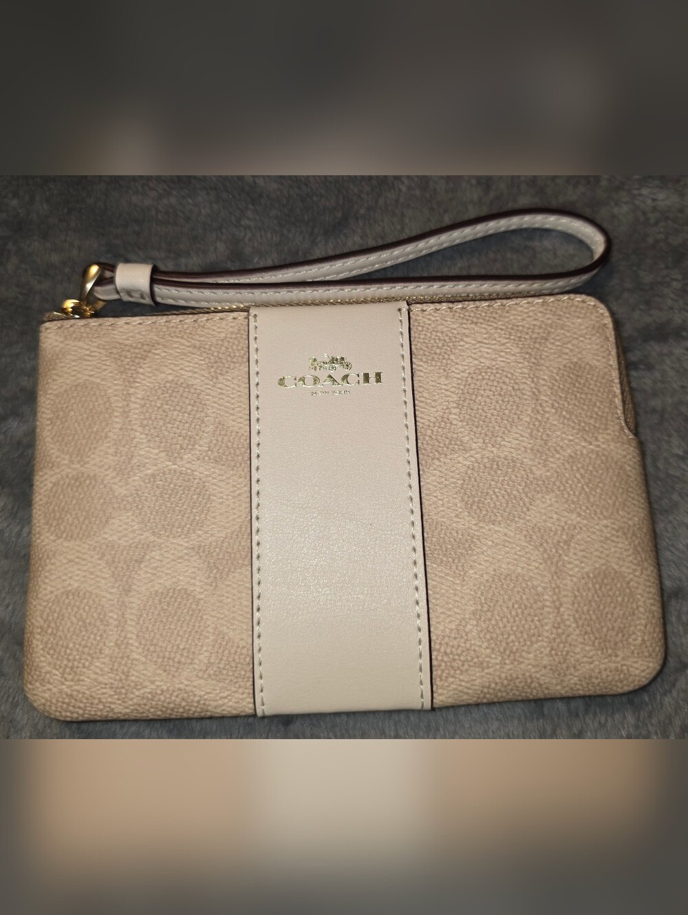 Coach Corner Zip Wristlet in Signature Canvas with Stripe (Sand/Chalk)